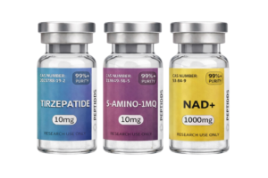 PCOS Peptide Pack featuring three research-grade vials labeled Trizepatide 10mg, 5-Amino-1MQ 10mg, and NAD+ 1000mg arranged together on a clean laboratory background.