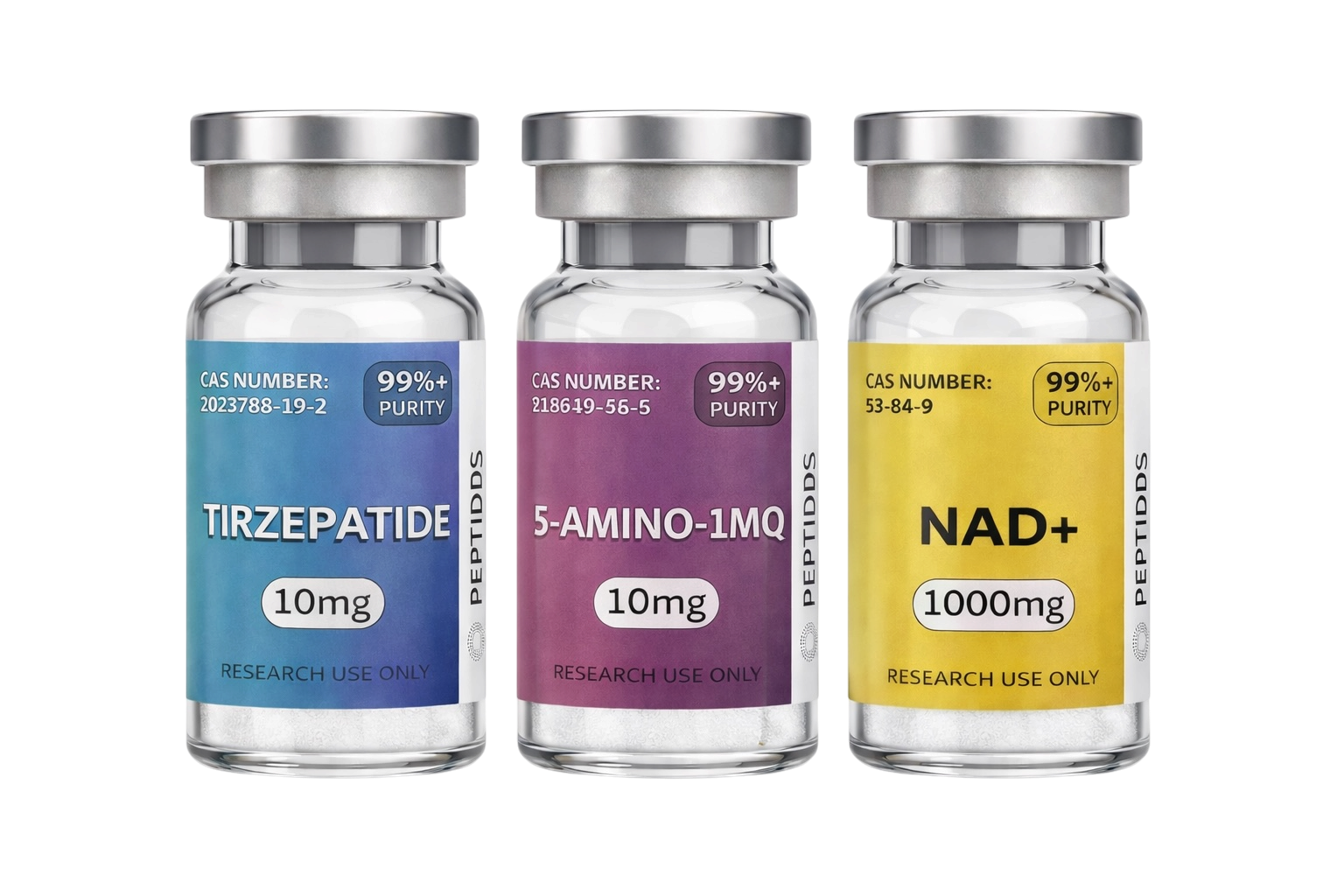 PCOS Peptide Pack featuring three research-grade vials labeled Trizepatide 10mg, 5-Amino-1MQ 10mg, and NAD+ 1000mg arranged together on a clean laboratory background.