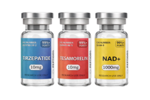 PCOS Premium Peptide Pack with Tirzepatide 10mg, Tesamorelin 10mg, and NAD+ 1000mg vials arranged on a white background