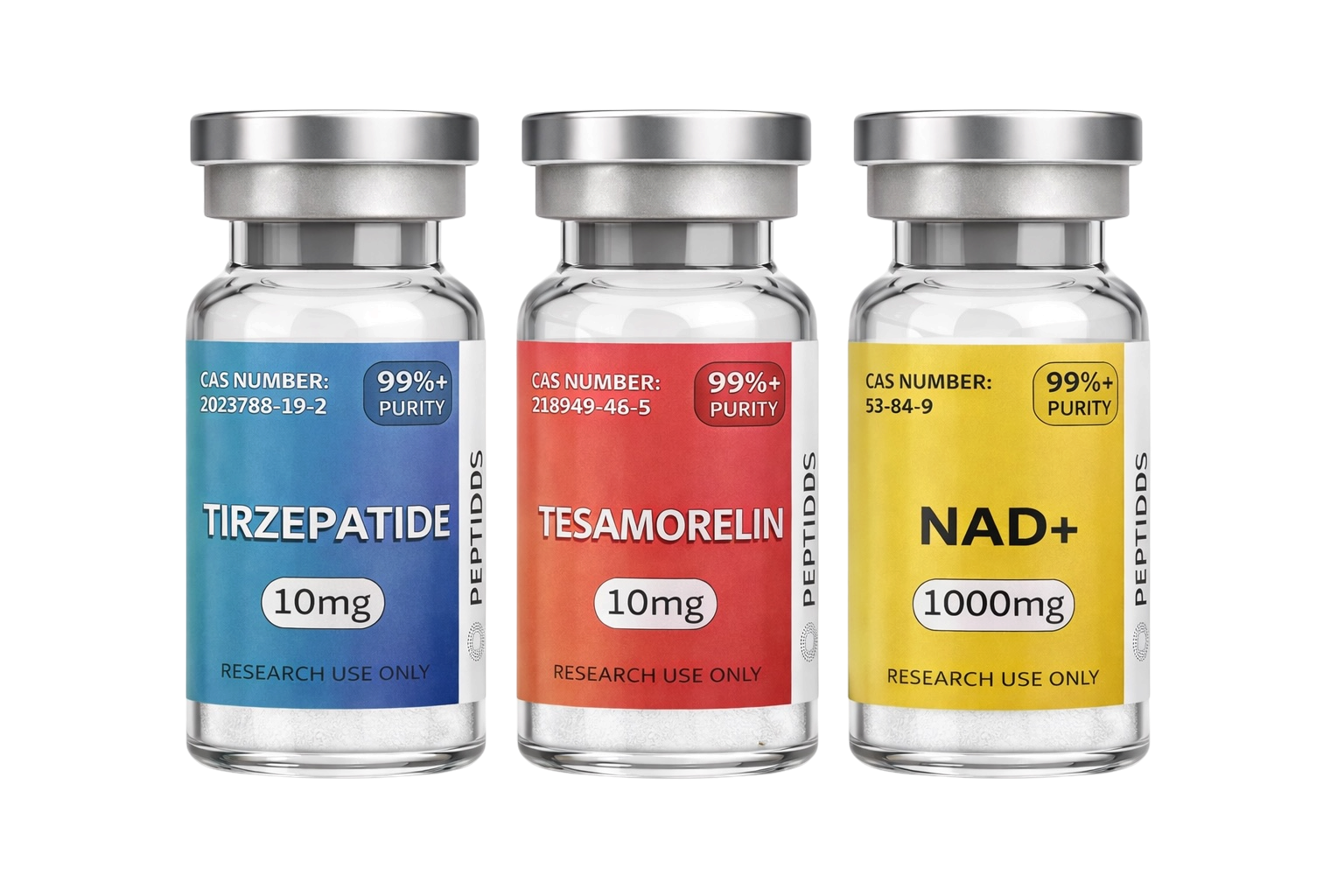 PCOS Premium Peptide Pack with Tirzepatide 10mg, Tesamorelin 10mg, and NAD+ 1000mg vials arranged on a white background
