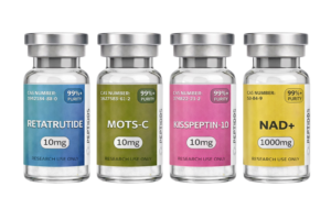 Perimenopause Peptide Pack with Retatrutide 10mg, MOTS‑C 10mg, Kisspeptin‑10 10mg, and NAD+ 1000mg vials arranged on a white background