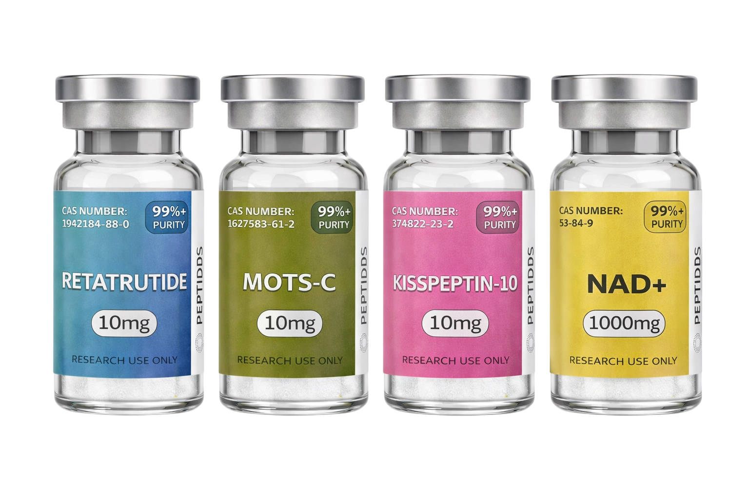Perimenopause Peptide Pack with Retatrutide 10mg, MOTS‑C 10mg, Kisspeptin‑10 10mg, and NAD+ 1000mg vials arranged on a white background