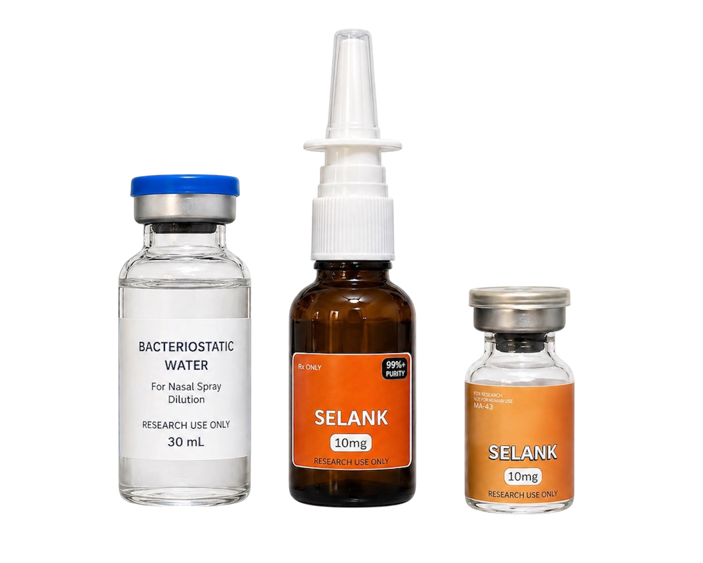 Selank Nasal Spray Research Kit with 10mg Selank vial, 30ml bacteriostatic water, and a clear glass nasal spray bottle on a white background