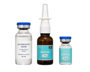 Semax Nasal Spray Research Kit with 10mg Semax vial, 30ml bacteriostatic water, and a clear glass nasal spray bottle on a white background