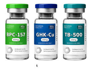 Glow Kit peptide vials featuring BPC‑157 10mg, TB‑500 10mg, and GHK‑CU 50mg for regenerative and skin repair research