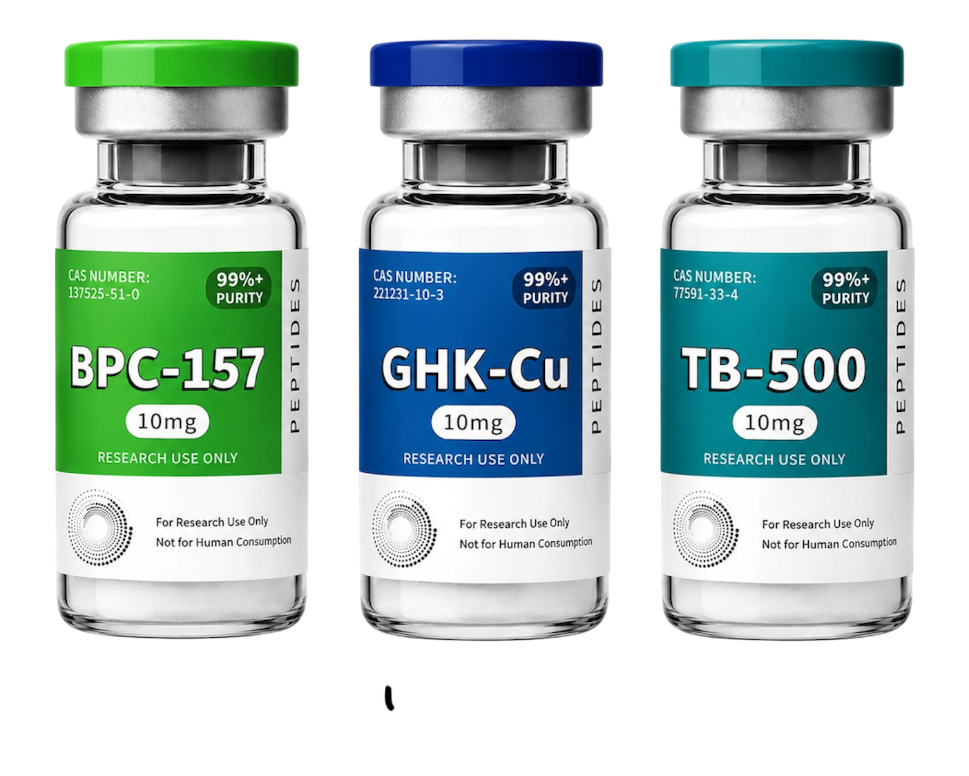 Glow Kit peptide vials featuring BPC‑157 10mg, TB‑500 10mg, and GHK‑CU 50mg for regenerative and skin repair research