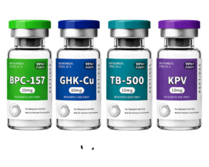 Klow Kit peptide vials featuring BPC‑157 10mg, TB‑500 10mg, GHK‑CU 50mg, and KPV 5mg for regenerative, anti‑inflammatory, and skin repair research