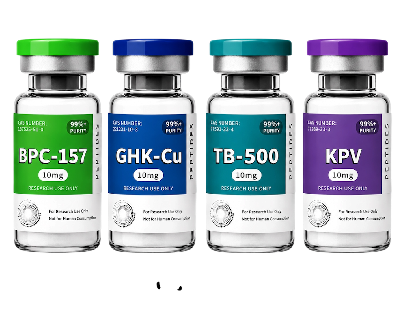 Klow Kit peptide vials featuring BPC‑157 10mg, TB‑500 10mg, GHK‑CU 50mg, and KPV 5mg for regenerative, anti‑inflammatory, and skin repair research